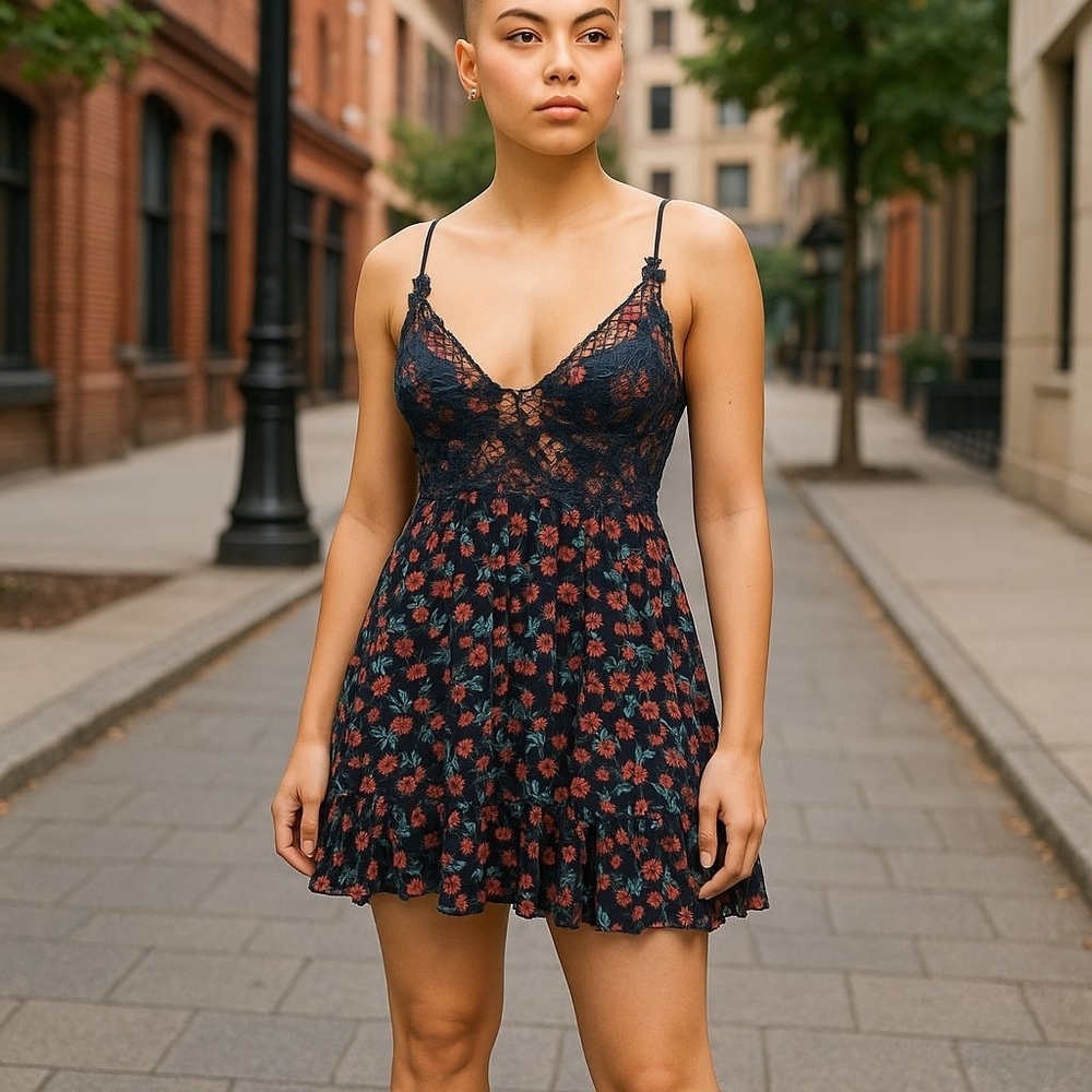 Unbranded Floral Lace Trim Mini Sundress Dress Small